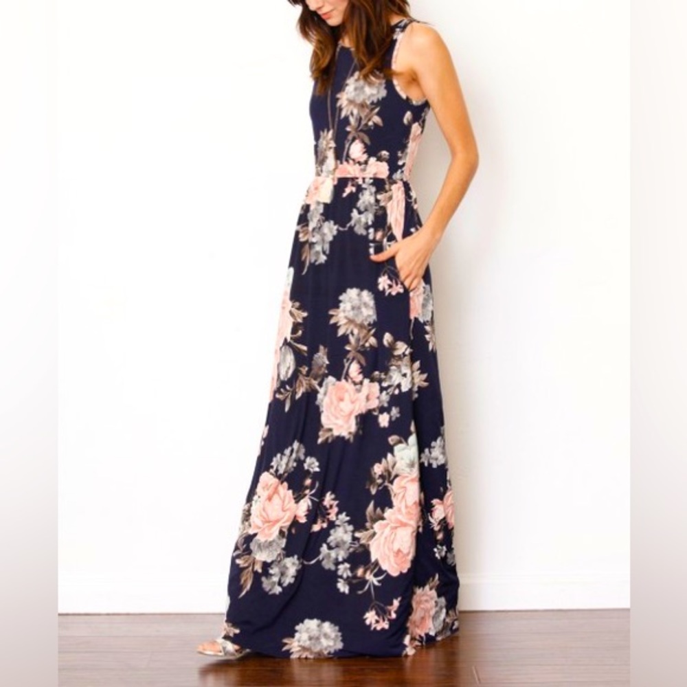egs by éloges | Navy & Dust Pink Floral Maxi Dress with Pockets 2X